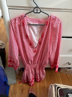 Red and White Printed V-Neck Romper